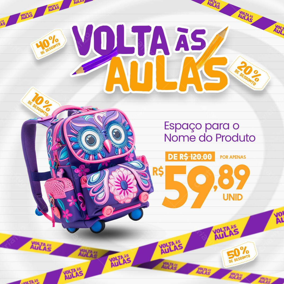 Flyer Volta às Aulas com Mochila Coruja PSD Editável