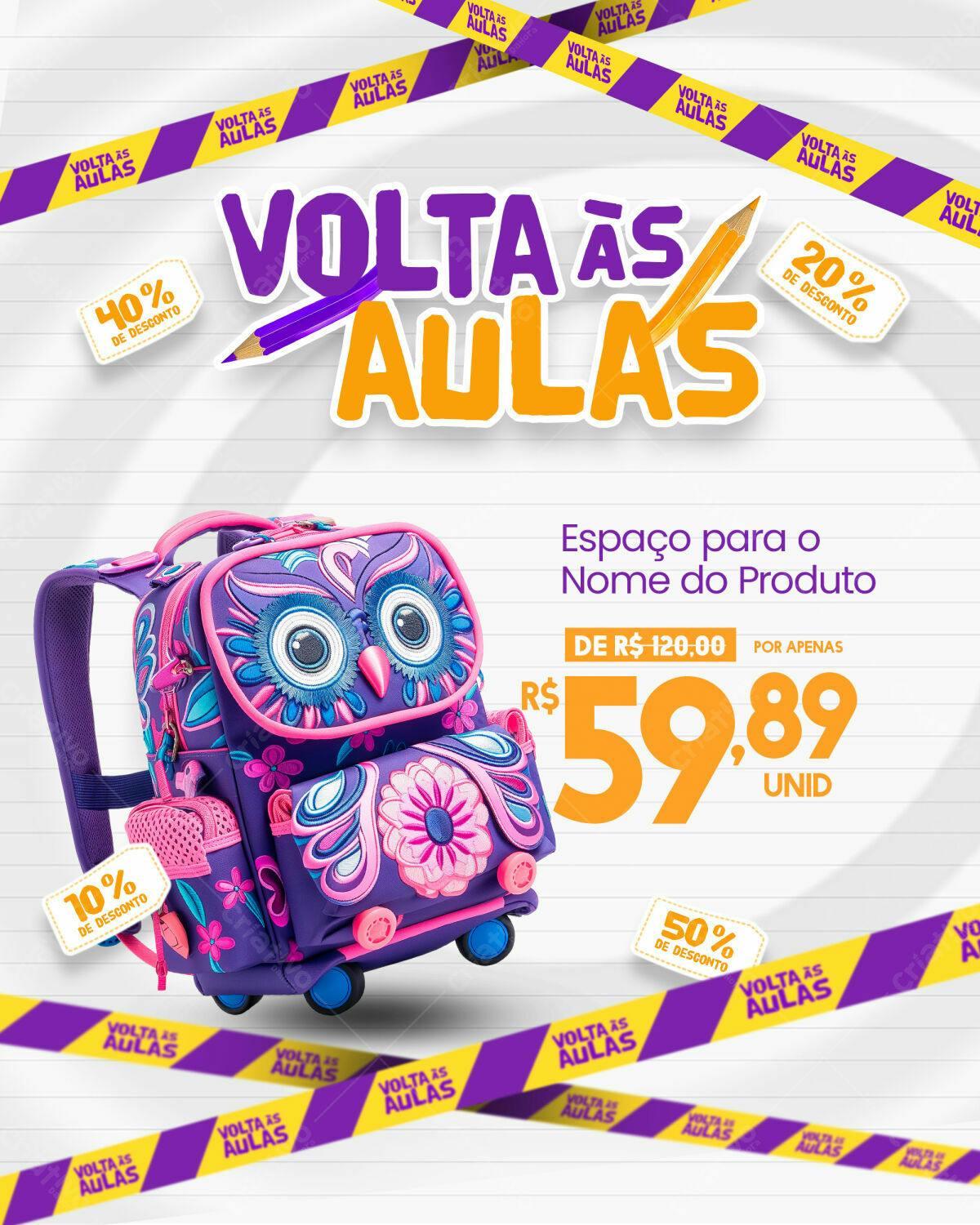 Mochila Escolar com Coruja - Volta às Aulas PSD Editável
