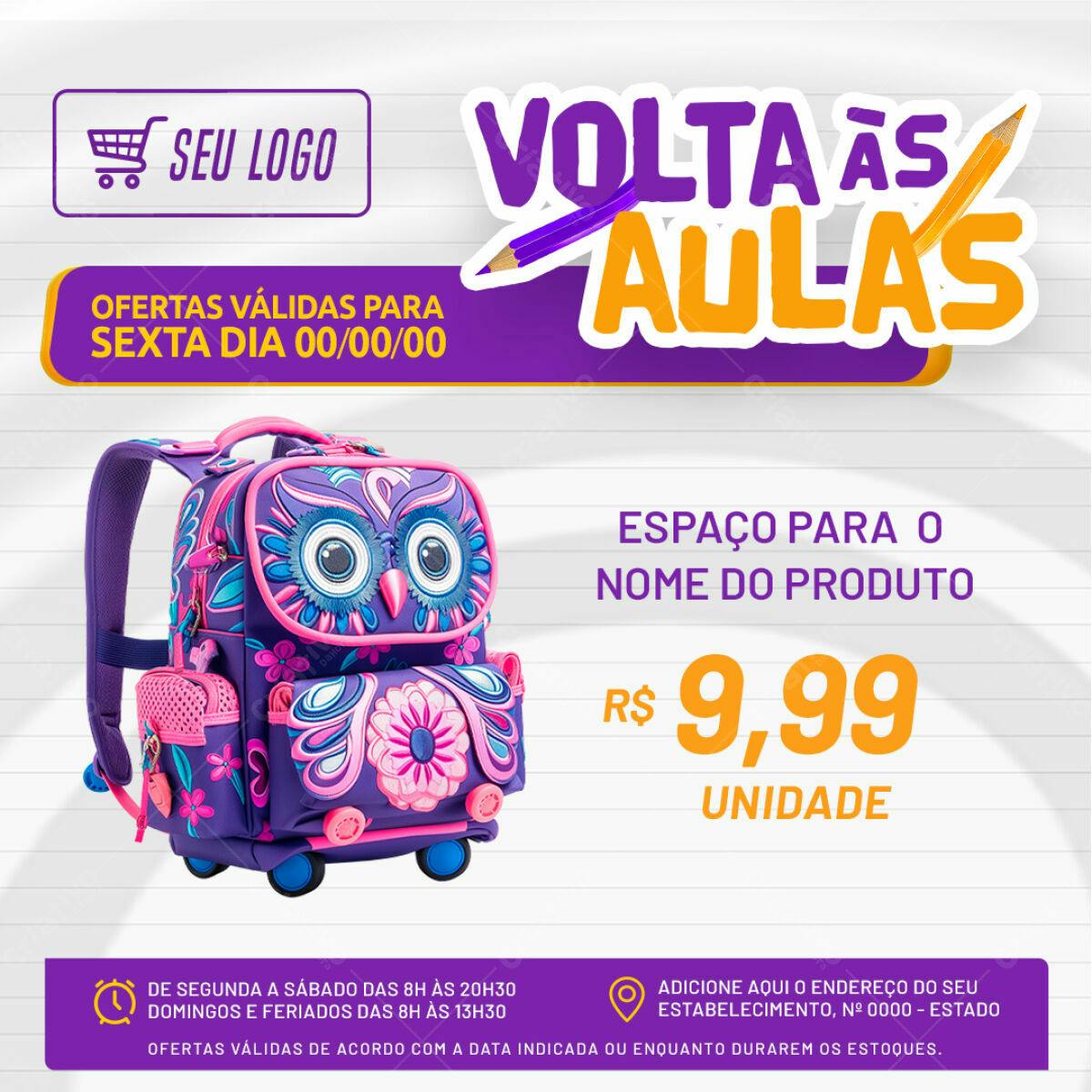 Flyer Volta às Aulas com Mochila de Coruja PSD Editável