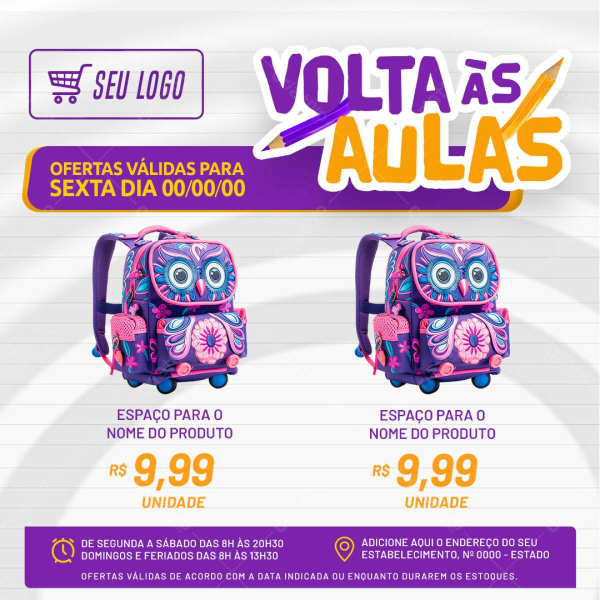 Flyer Volta às Aulas com Mochila Coruja PSD Editável