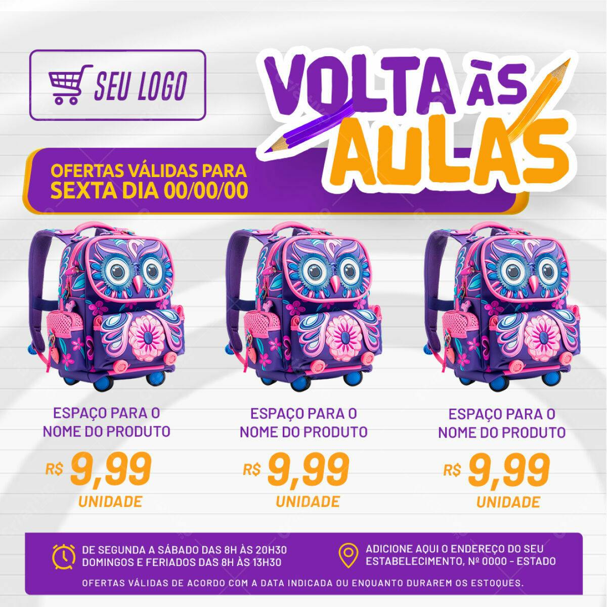 Flyer Volta às Aulas com Mochila Coruja PSD Editável
