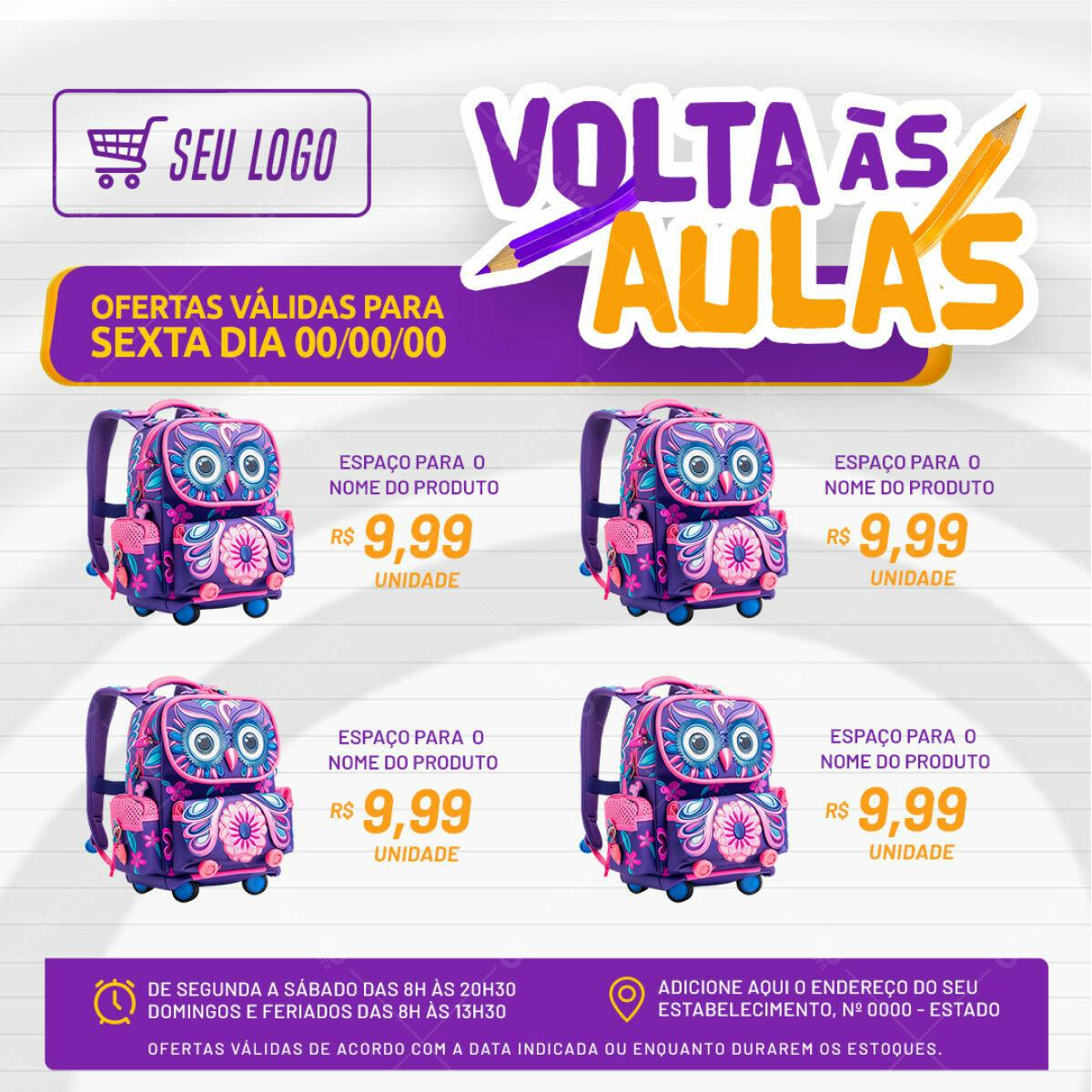 Flyer Volta às Aulas com Mochila de Coruja PSD Editável