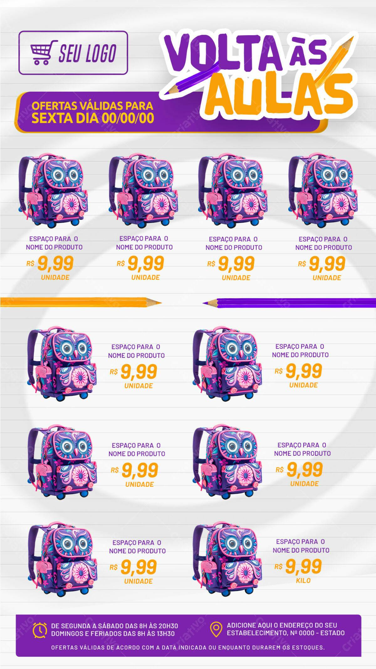 Flyer Volta às Aulas com Mochila Coruja PSD Editável