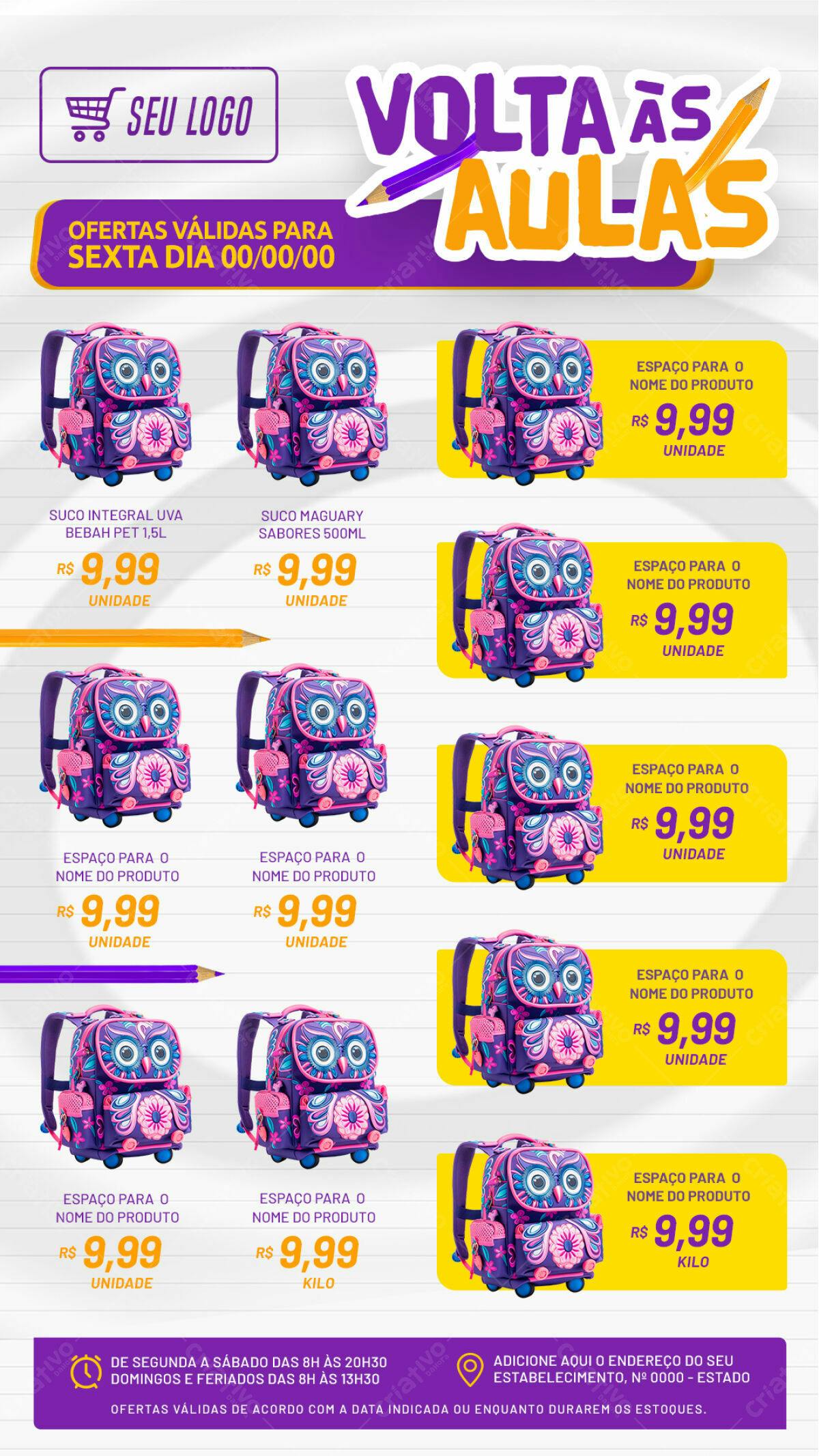Flyer Volta às Aulas com Mochila Coruja PSD Editável