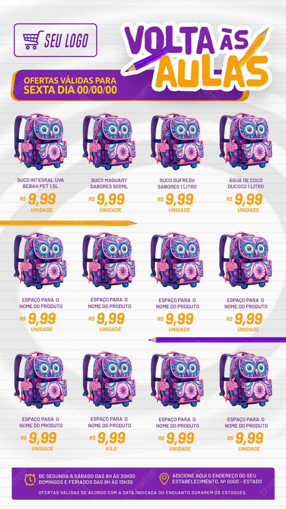 Flyer Volta às Aulas com Mochila Coruja PSD Editável