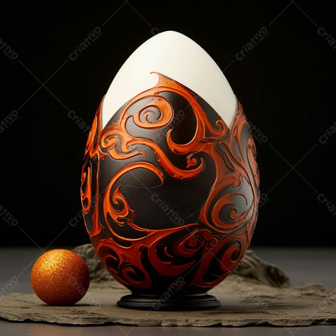 Ovo decorativo preto e laranja com detalhes em relevo