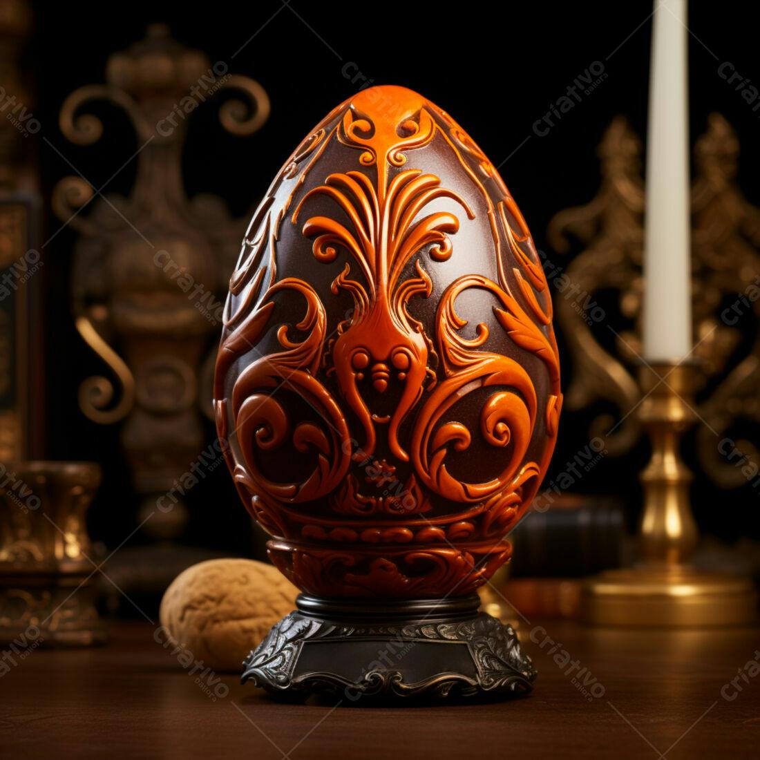 Ovo decorativo marrom e laranja com detalhes em relevo