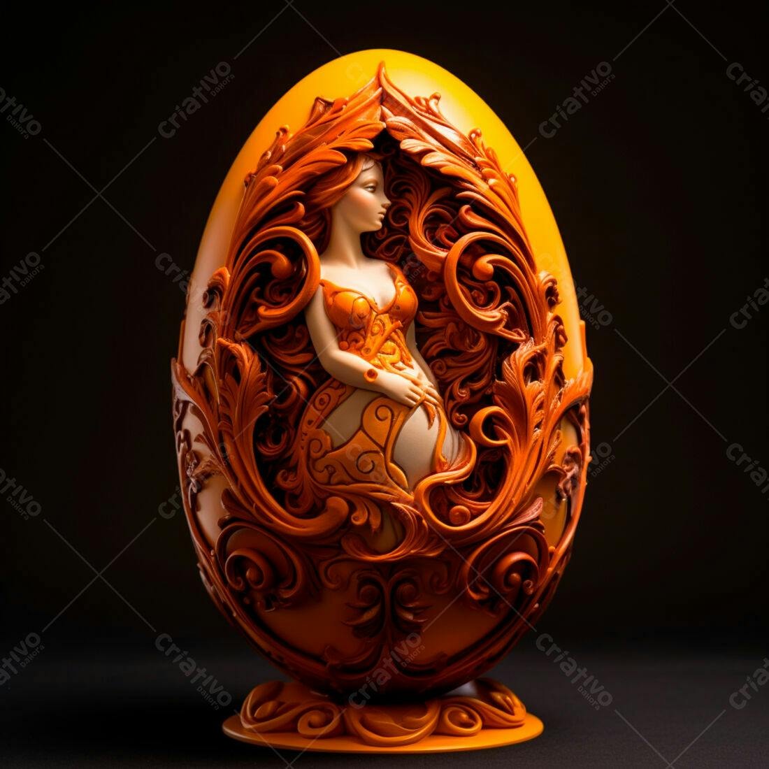 Ovo esculpido com figura feminina tons laranja