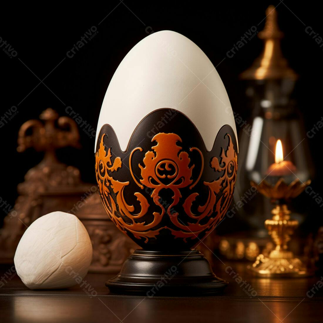 Ovo decorativo com detalhes dourados e pretos