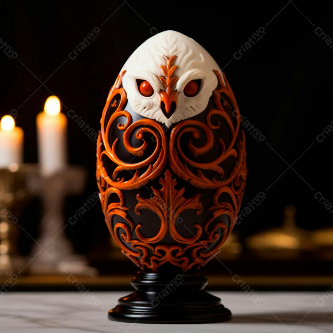 Ovo decorativo com coruja esculpido em preto e laranja