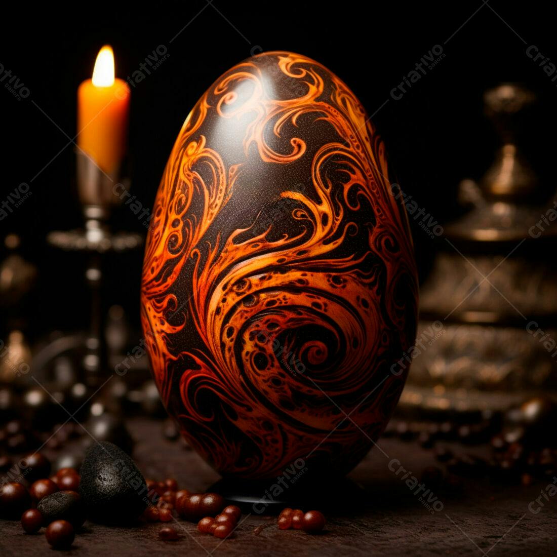 Ovo de chocolate decorado tons escuros e laranja