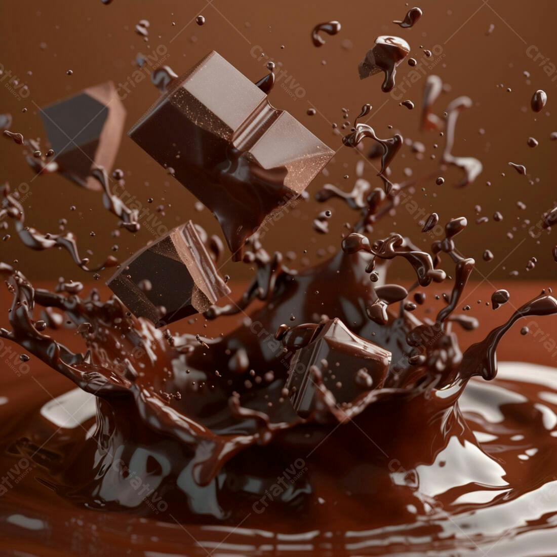 Chocolate em gotas caindo em chocolate líquido
