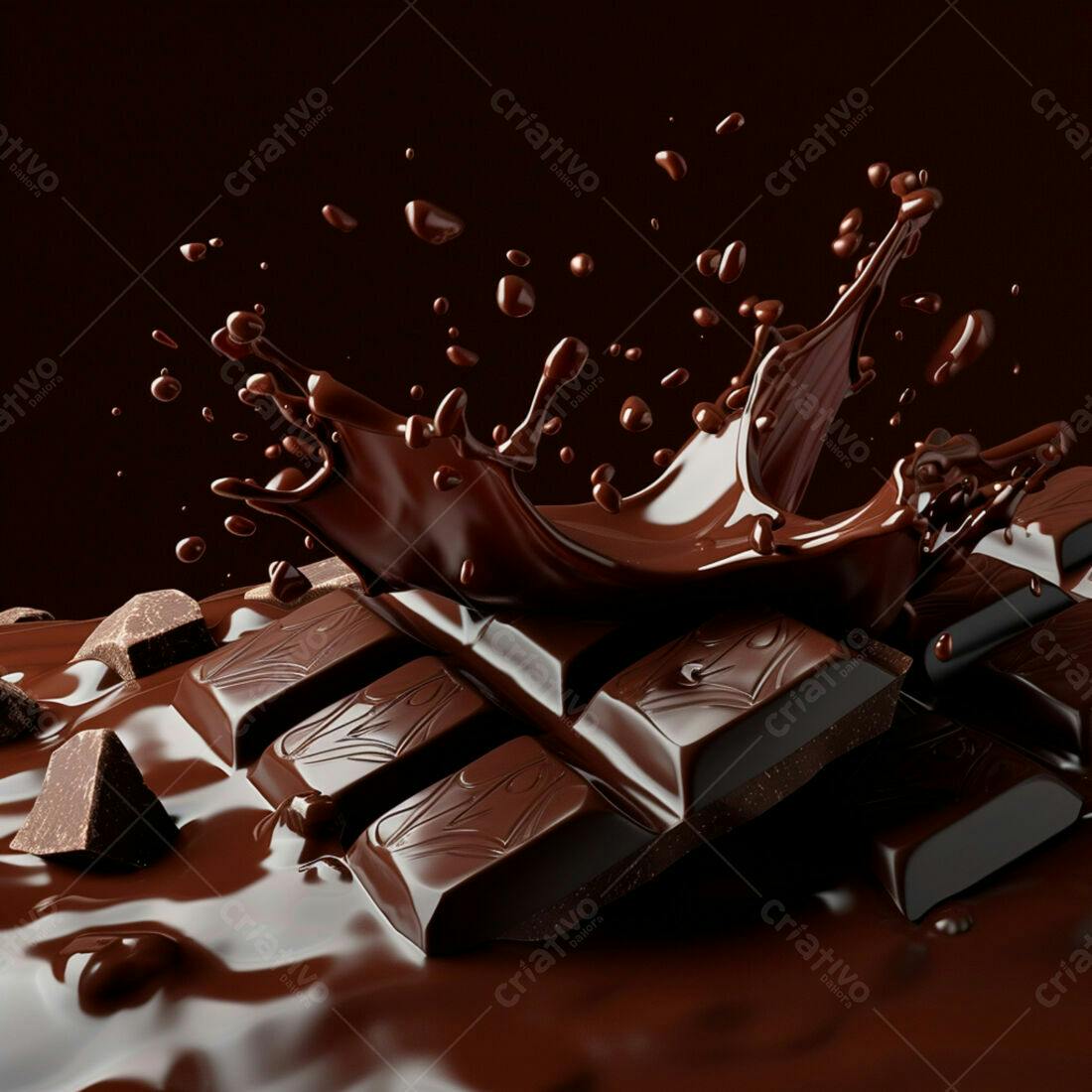 Chocolate derretendo com barras e respingos