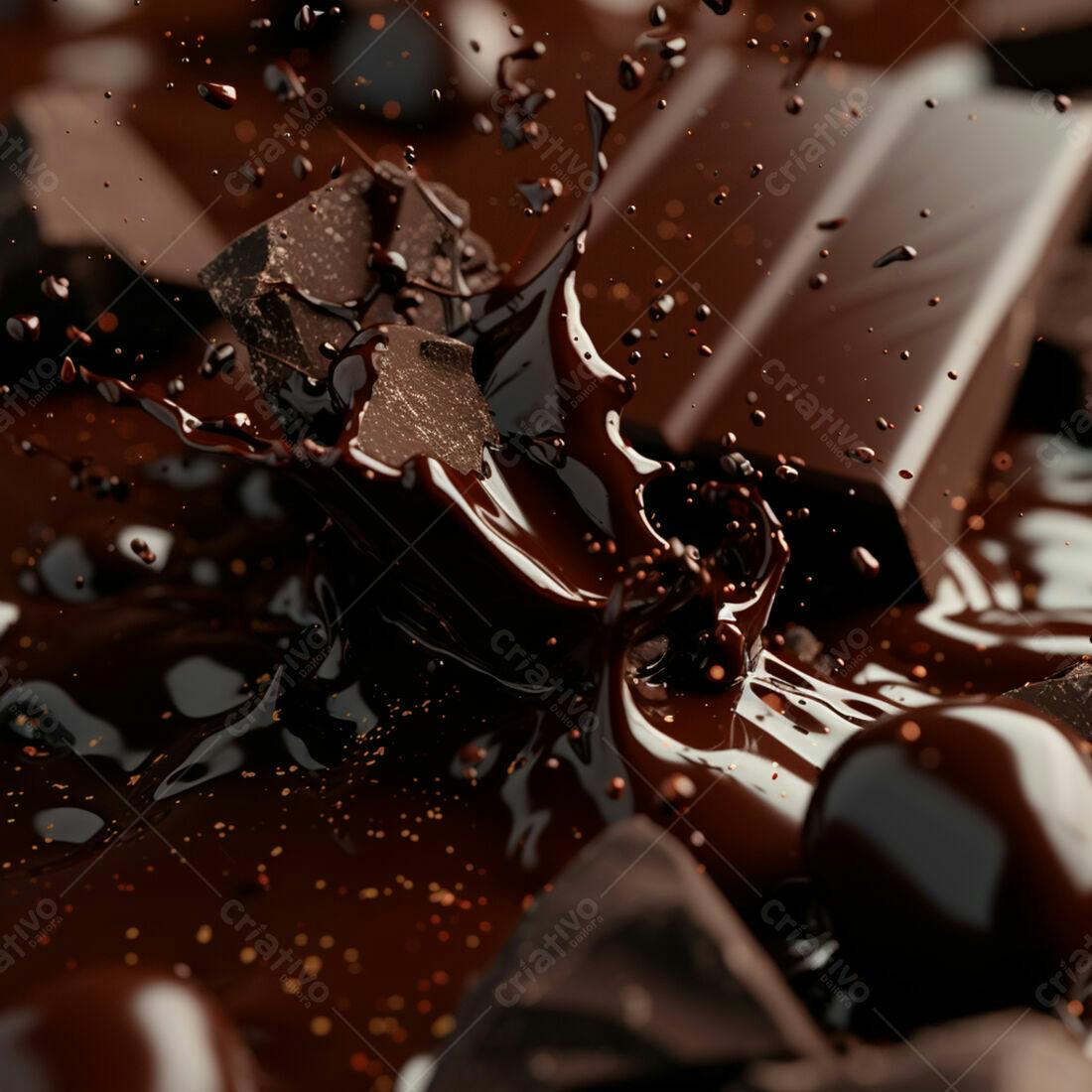 Chocolate derretendo em barras e respingos