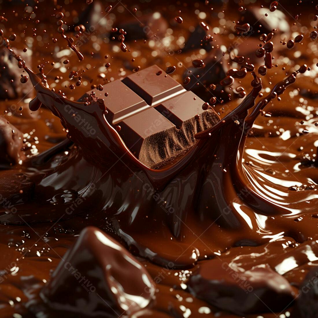 Barra de chocolate caindo em chocolate derretido