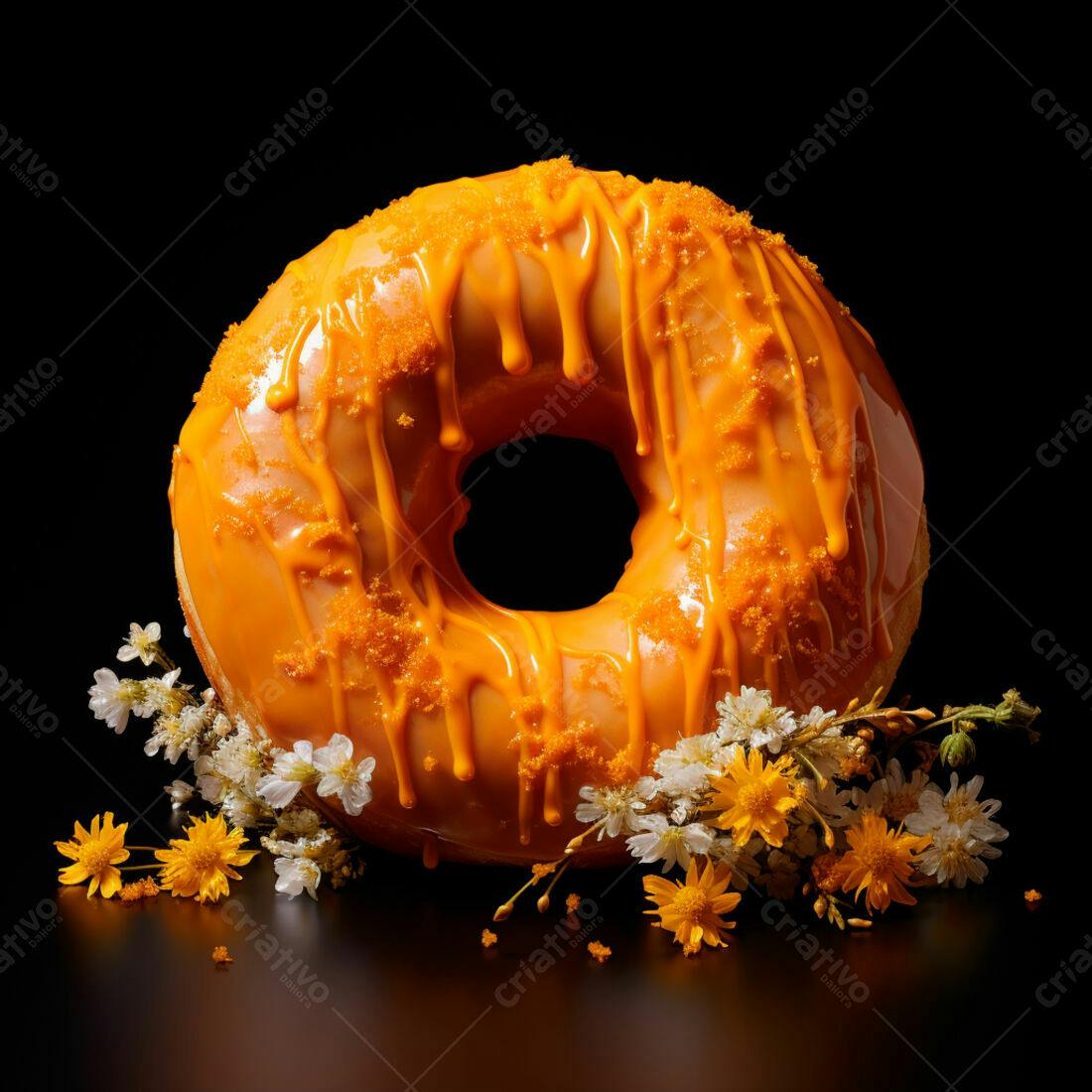 Donut laranja com cobertura brilhante e flores