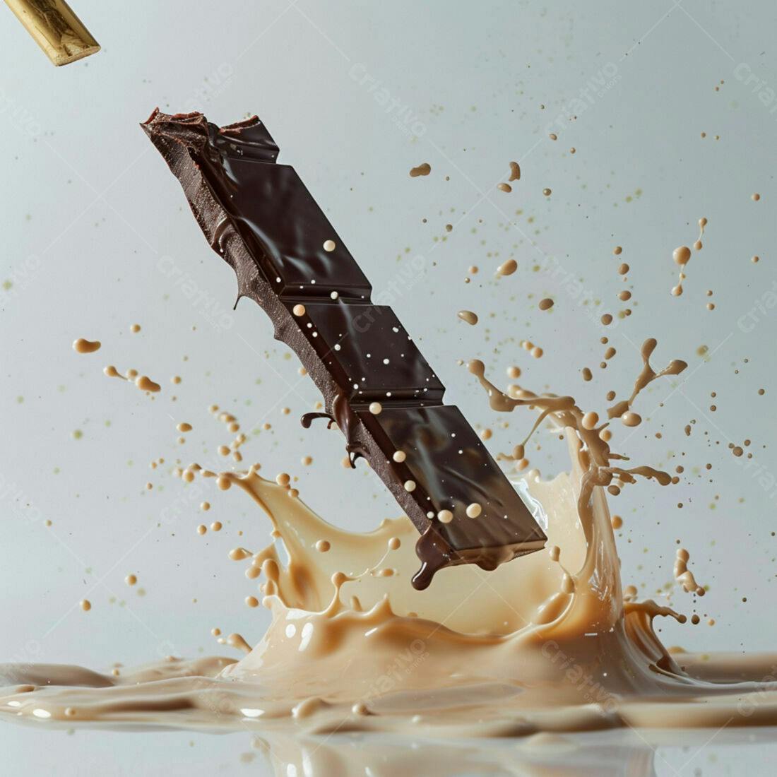Barra de chocolate caindo em leite cremoso