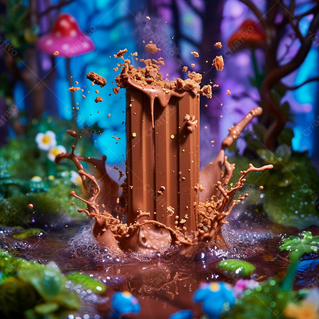 Barra de chocolate caindo em poça mágica
