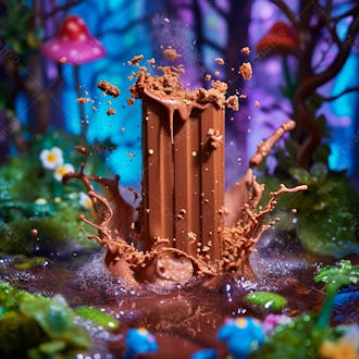 Reino de fantasia onde uma barra de chocolate flutua no ar tendo como pano de fundo uma floresta 1