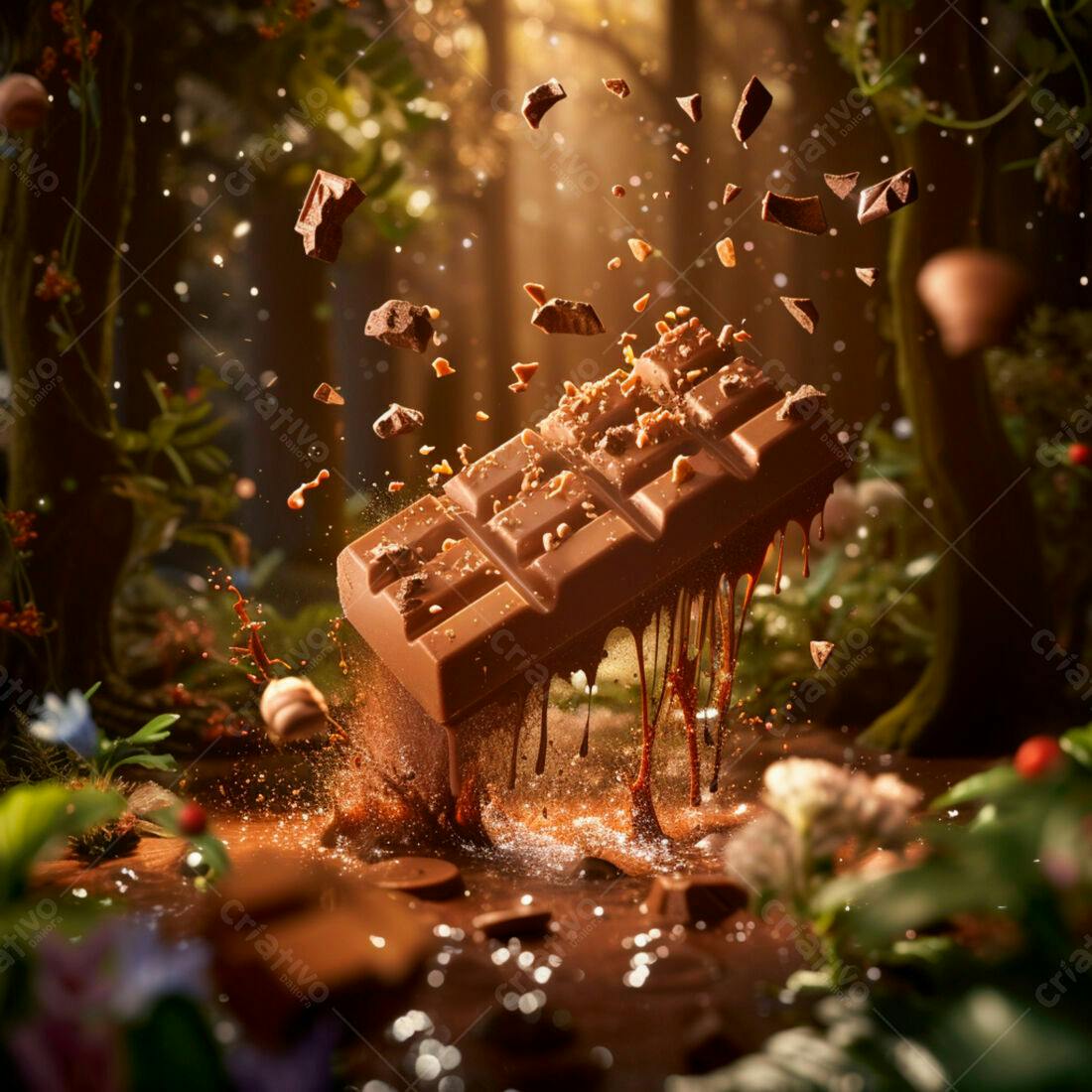 Barra de chocolate com avelãs caindo na floresta