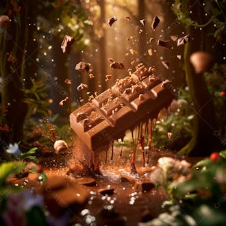 Reino de fantasia onde uma barra de chocolate flutua no ar tendo como pano de fundo uma floresta 2