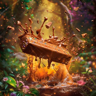 Reino de fantasia onde uma barra de chocolate flutua no ar tendo como pano de fundo uma floresta 4