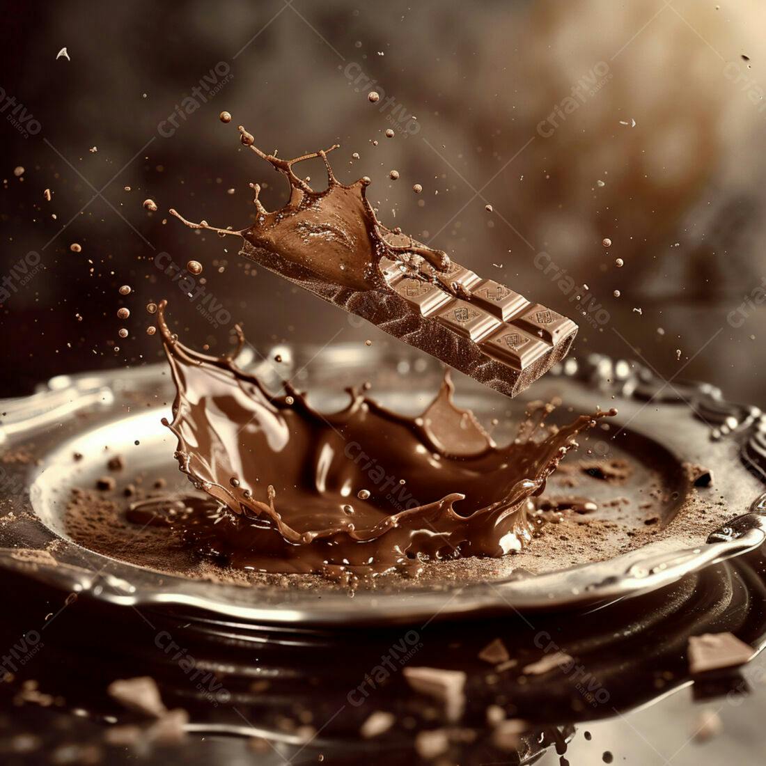 Barra de chocolate caindo em chocolate derretido