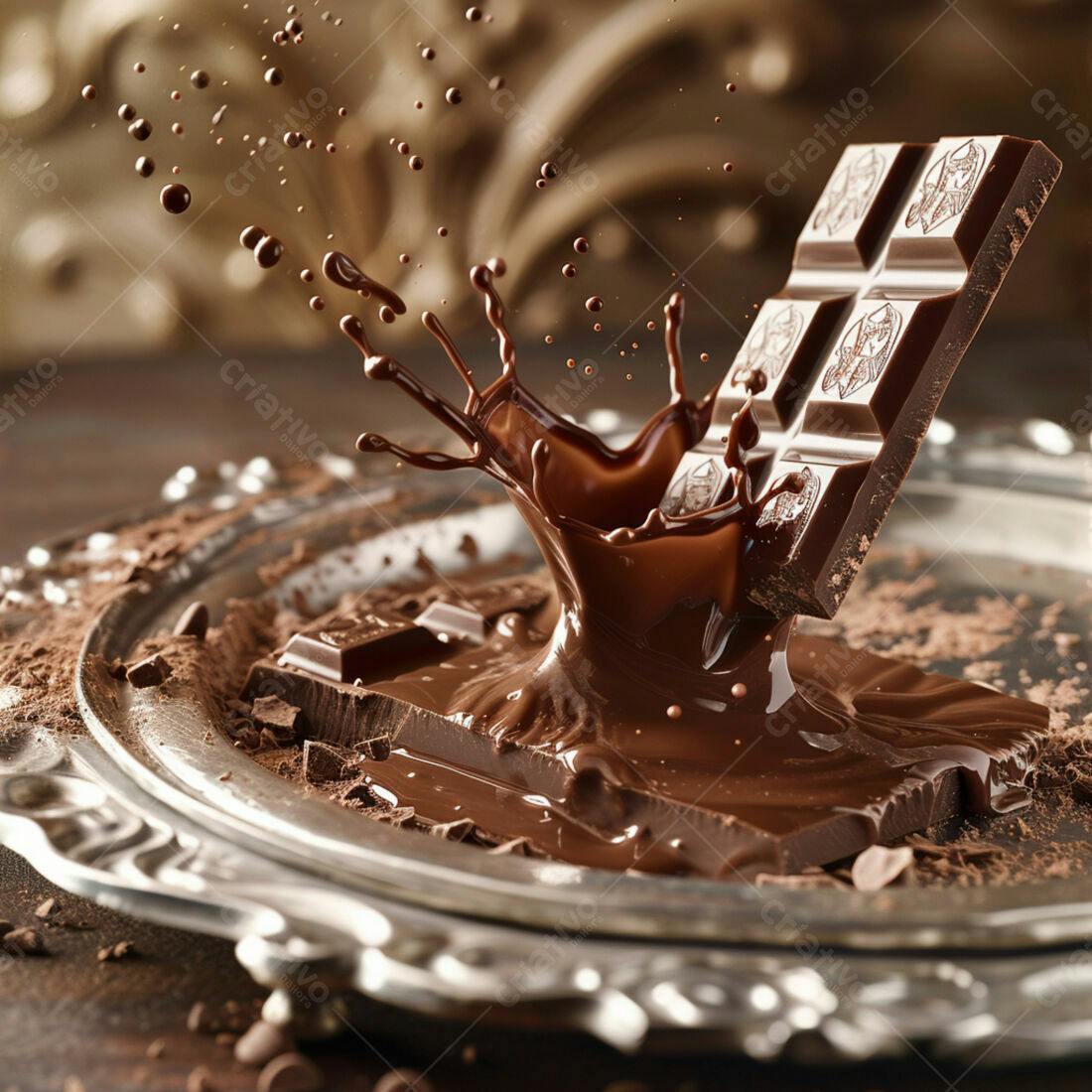 Barra de chocolate derretendo em bandeja de prata