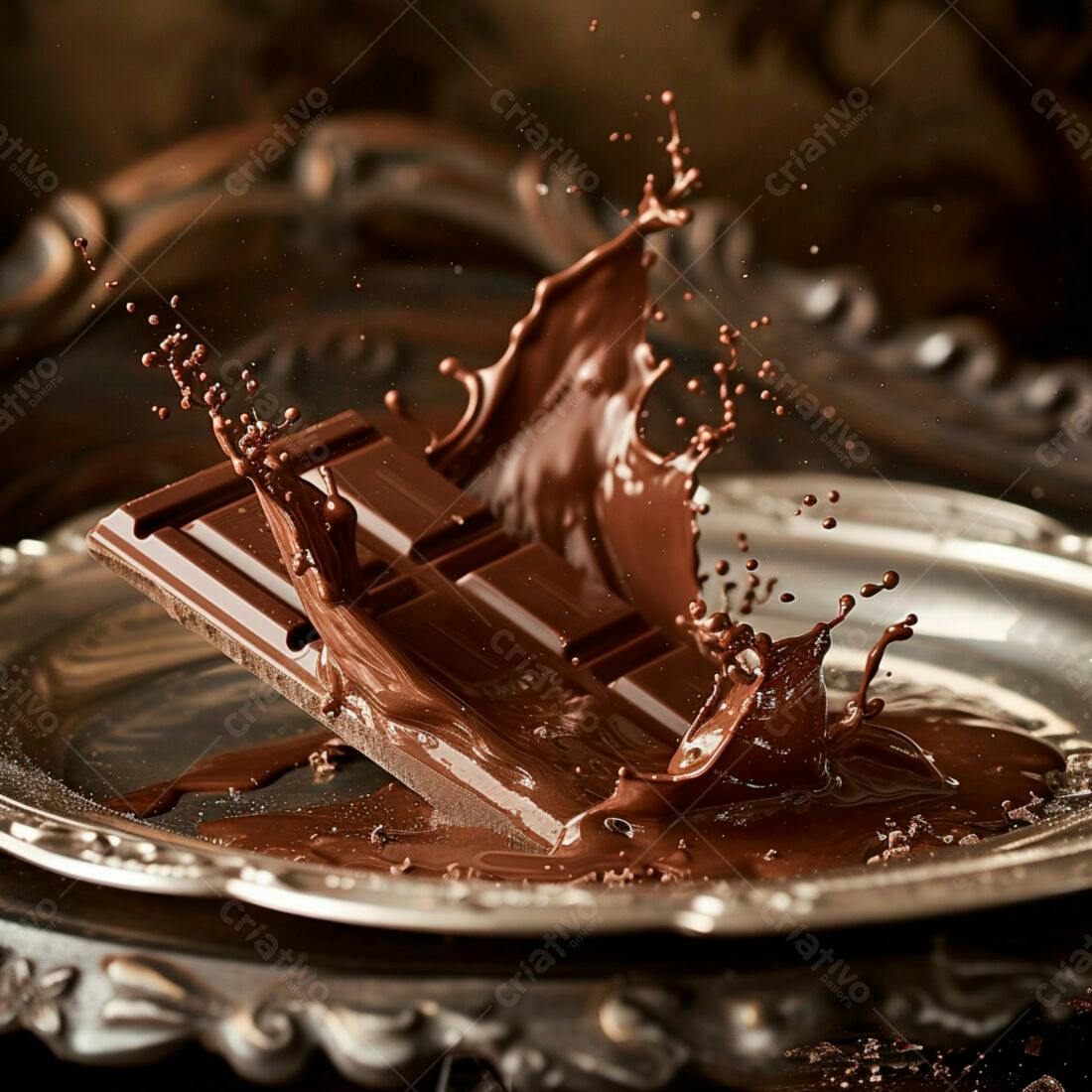 Barra de chocolate derretida em bandeja metálica