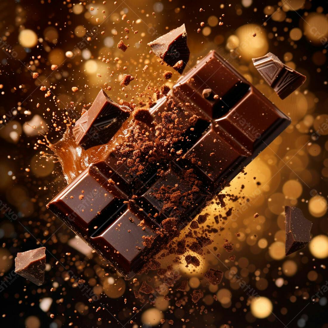 Barra de chocolate em queda com cacau