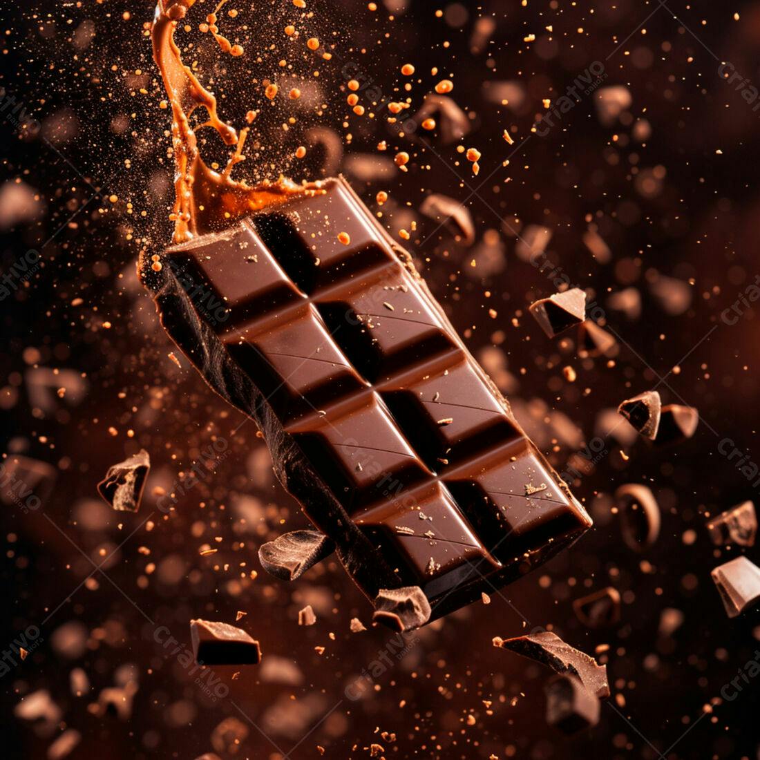 Barra de chocolate em queda com pedaços e respingos