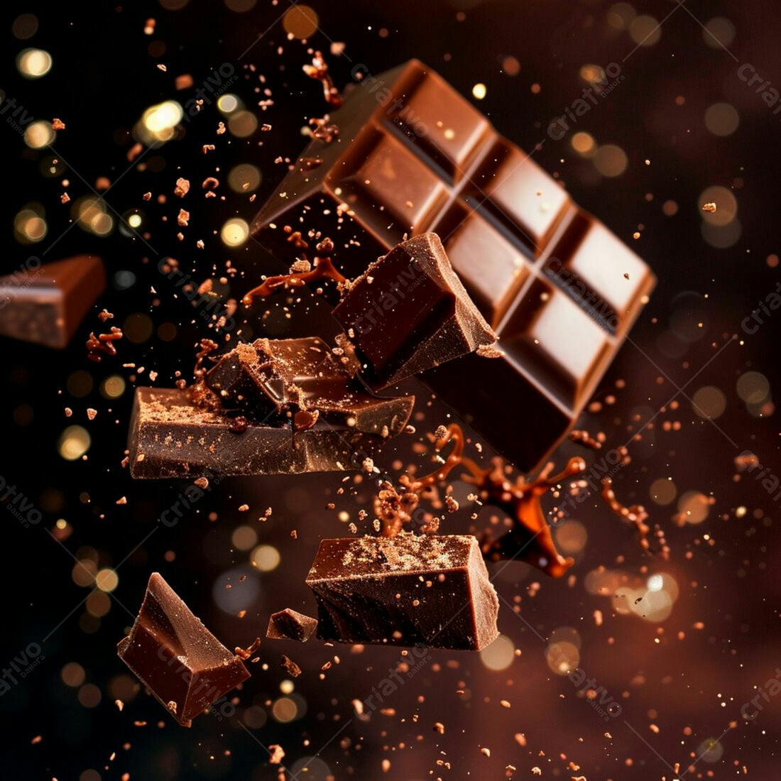 Chocolate em queda com gotas de cacau