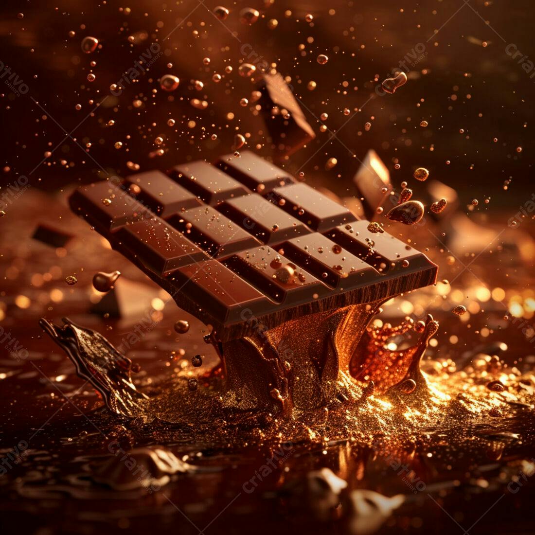 Barra de chocolate caindo em chocolate derretido