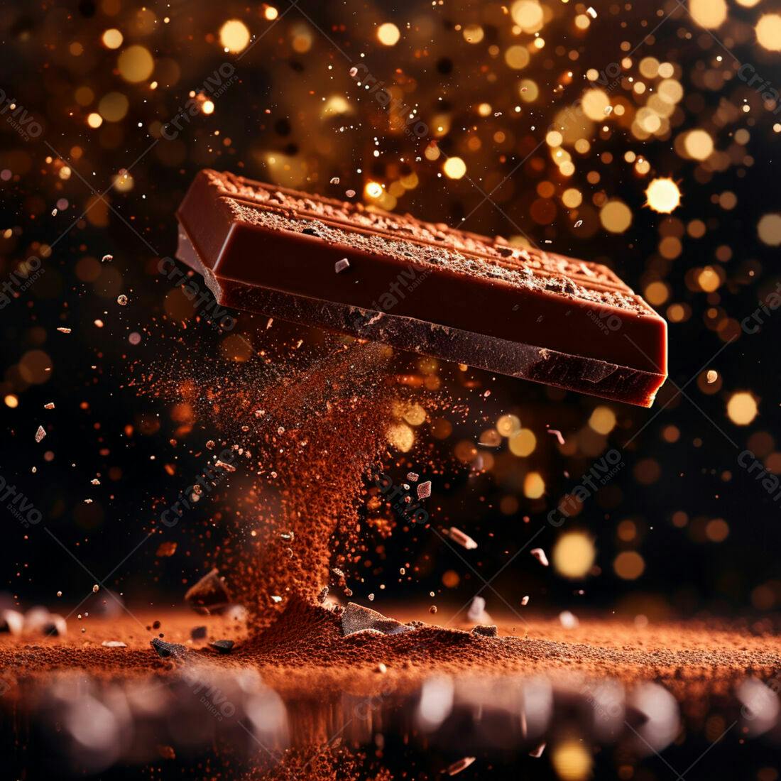 Barra de chocolate em queda com cacau