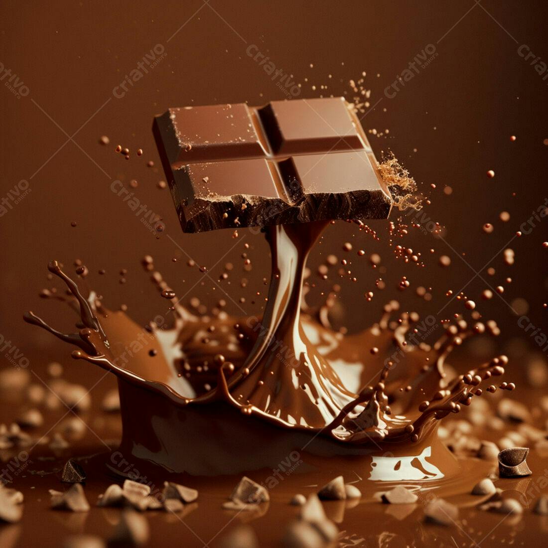 Barra de chocolate caindo em chocolate derretido