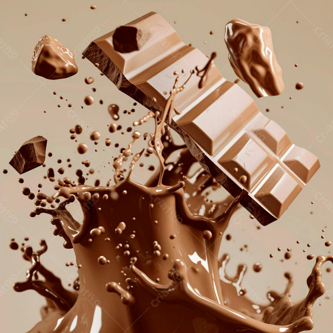 Barra de chocolate caindo em chocolate líquido