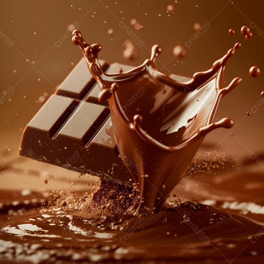 Barra de chocolate mergulhando em chocolate líquido