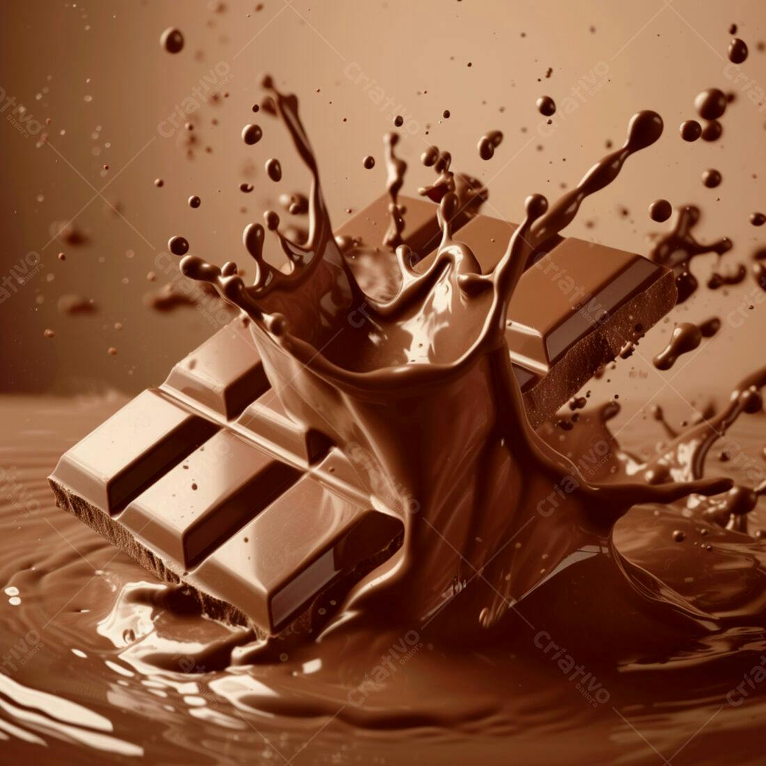 Barra de chocolate caindo em chocolate derretido