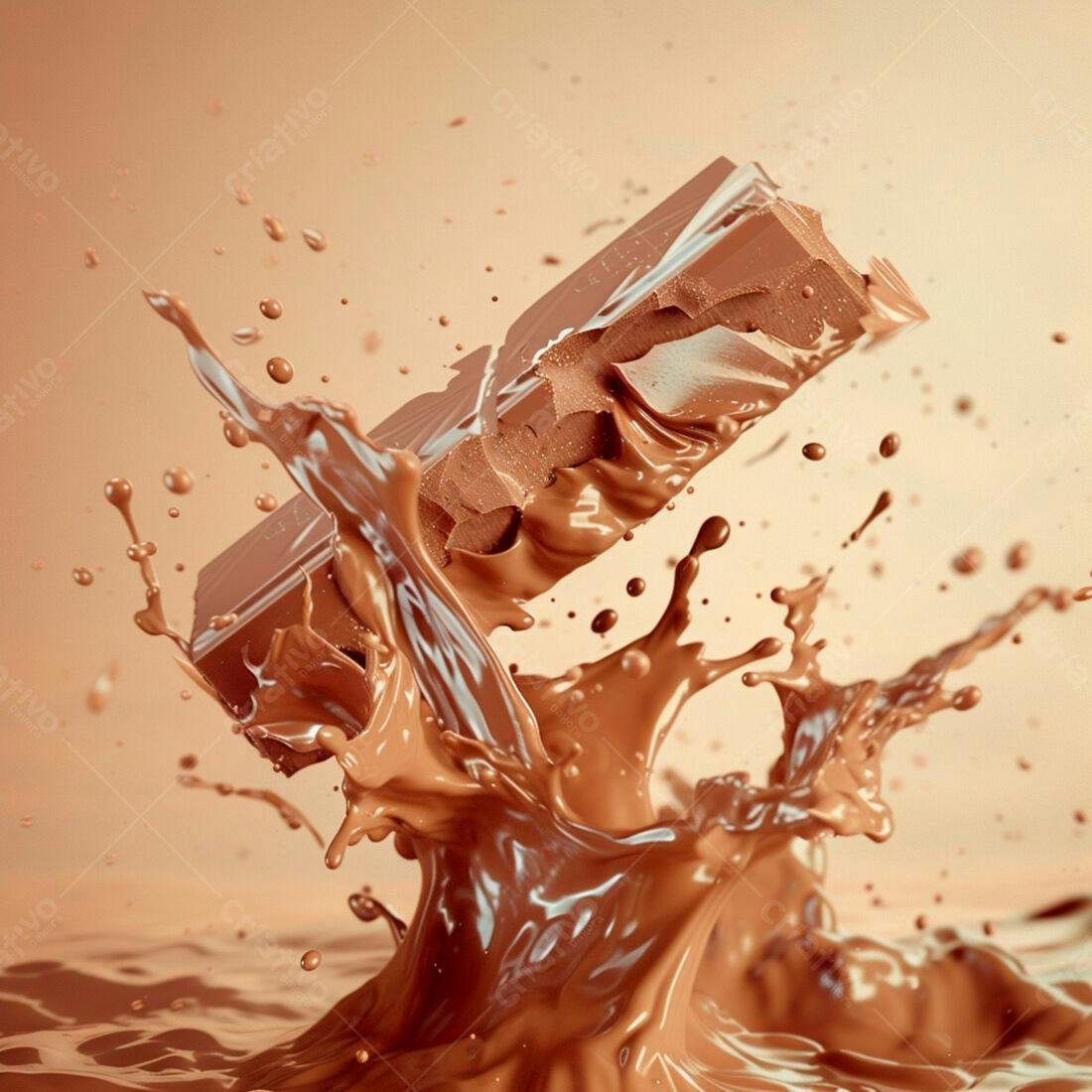 Barra de chocolate caindo em chocolate líquido