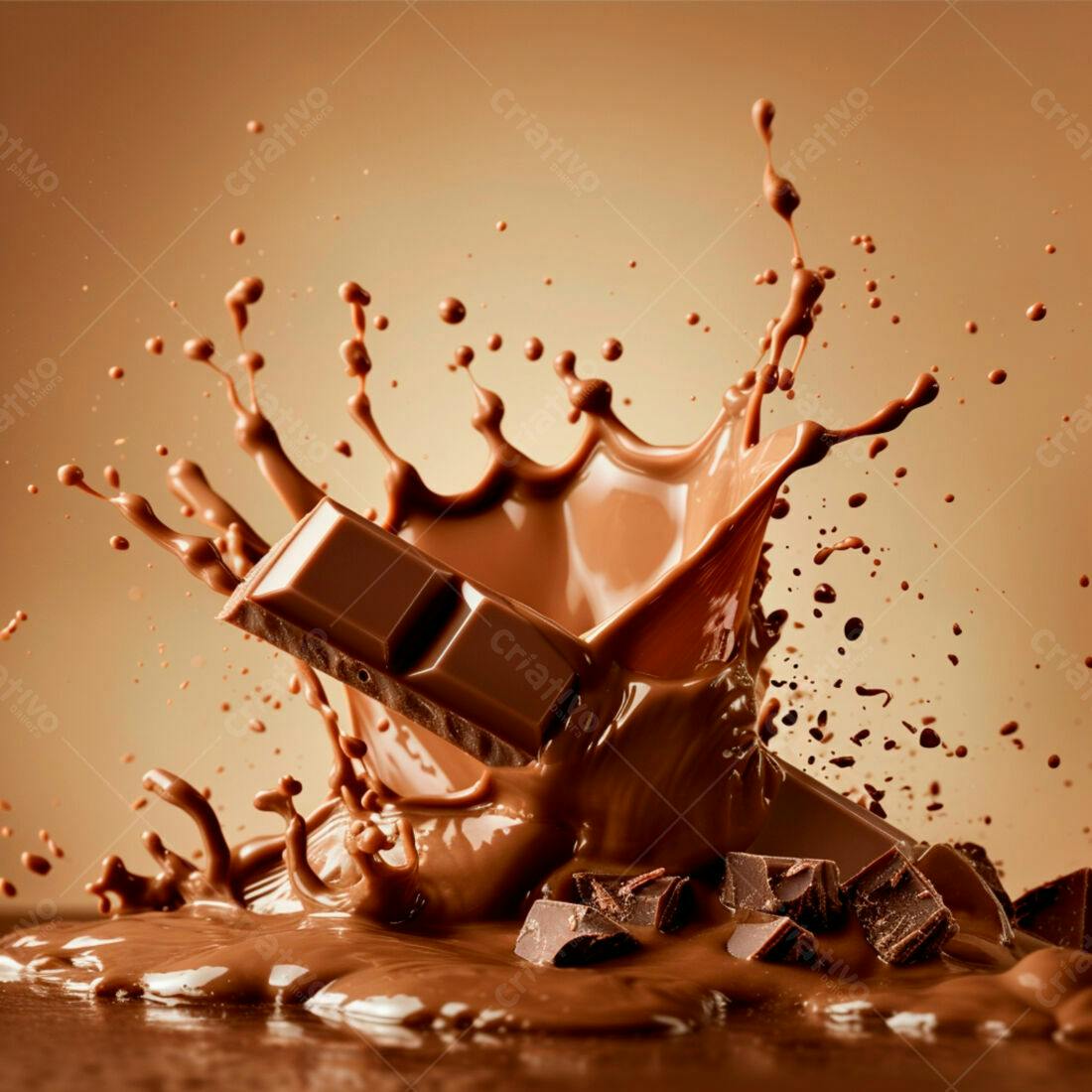 Barra de chocolate caindo em chocolate líquido
