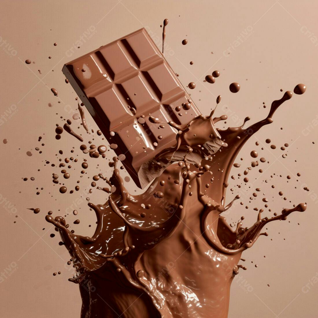 Barra de chocolate caindo em chocolate líquido
