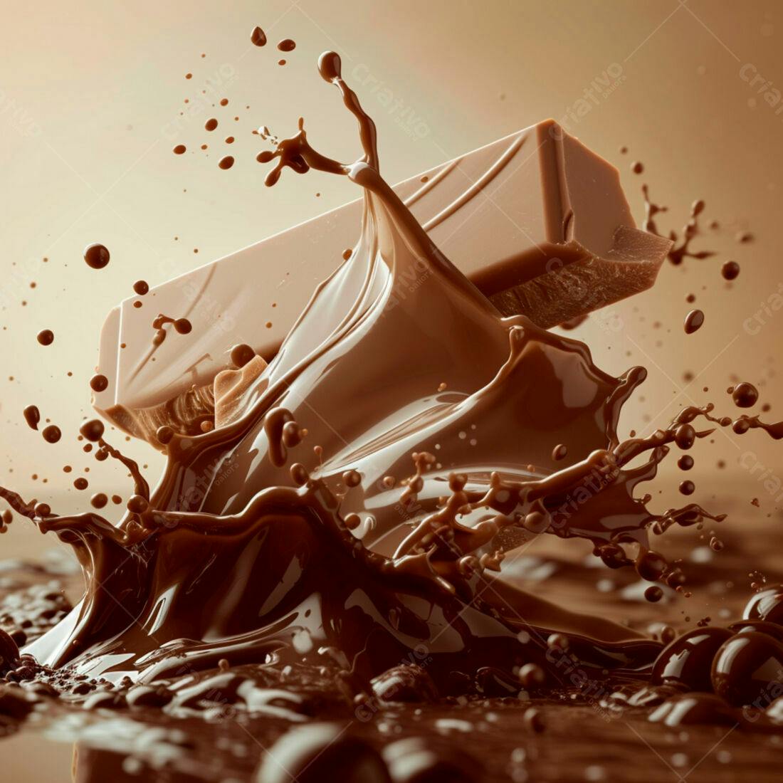Barra de chocolate caindo em chocolate líquido