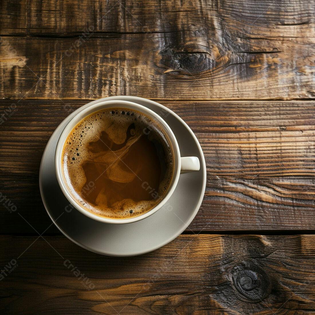 Café quentinho em xícara cinza sobre madeira escura