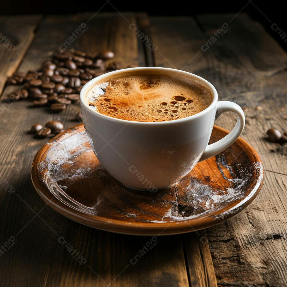Café expresso em xícara branca sobre madeira escura
