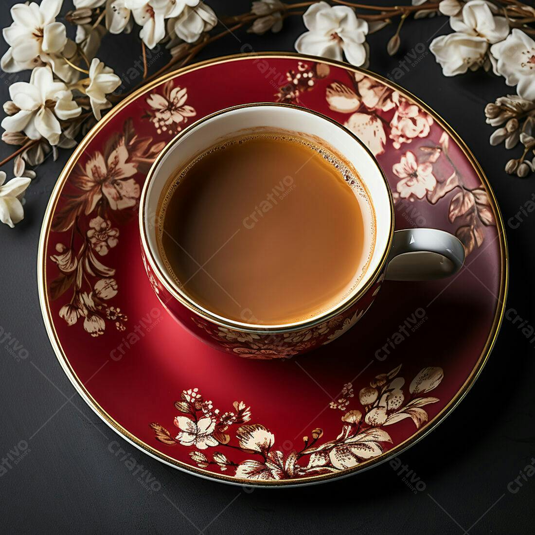 Xícara de chá em porcelana vermelha com flores