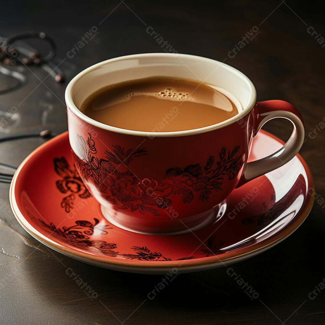 Xícara de café com leite em pires vermelho