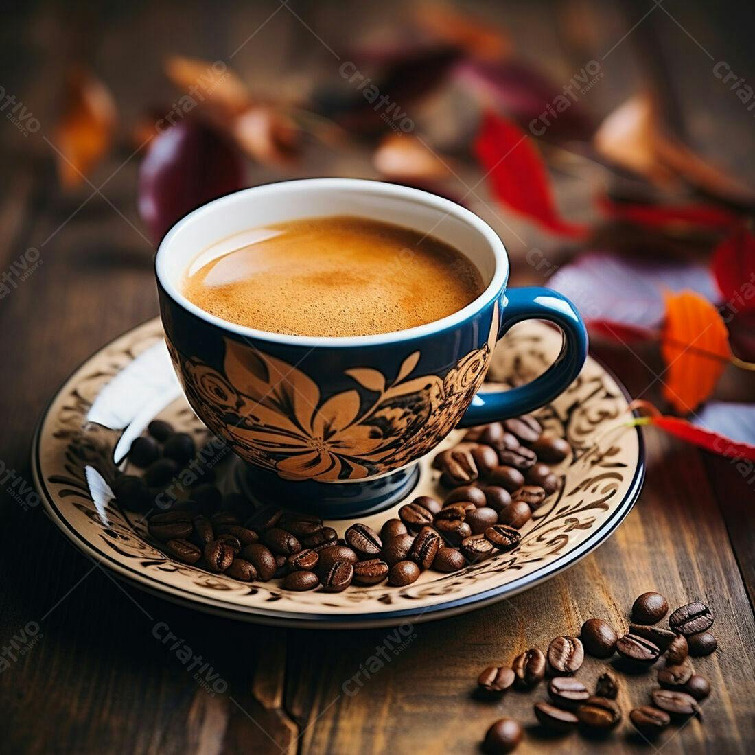 Café expresso em xícara azul com grãos de café