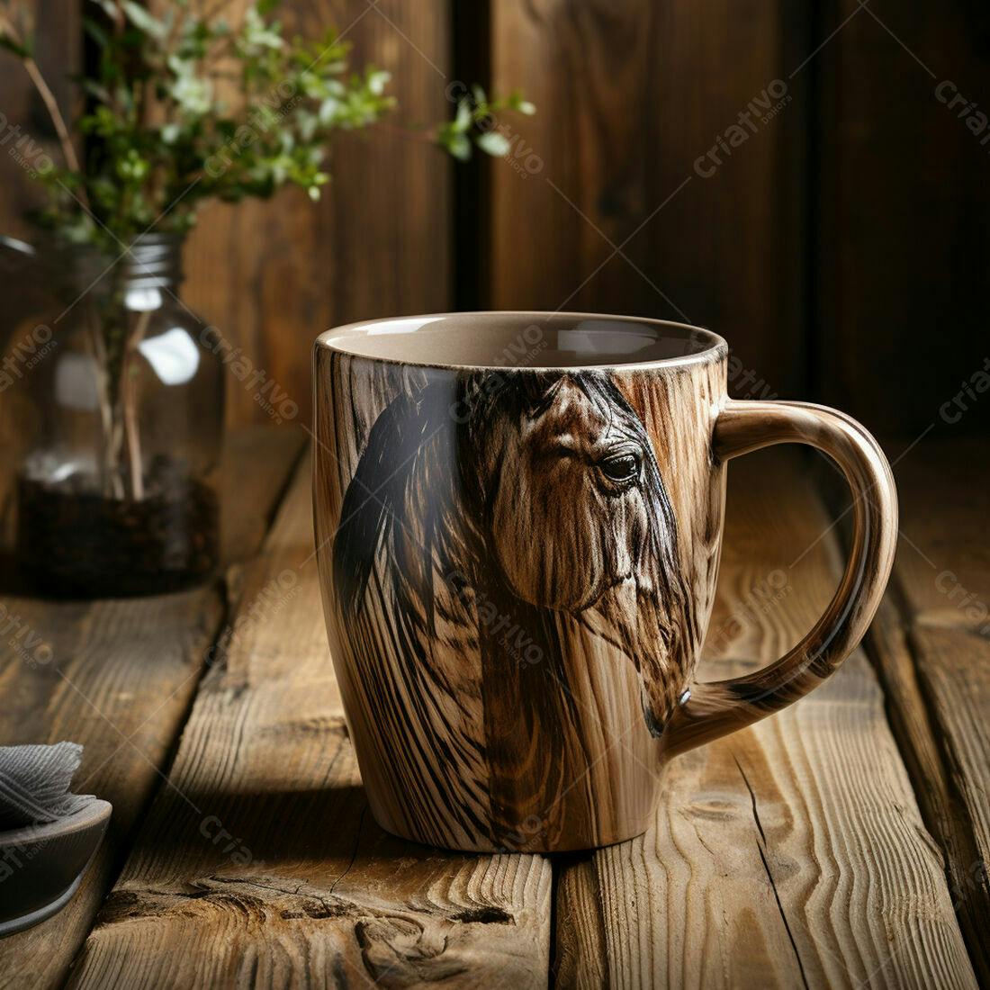 Caneca com estampa de cavalo em madeira rústica