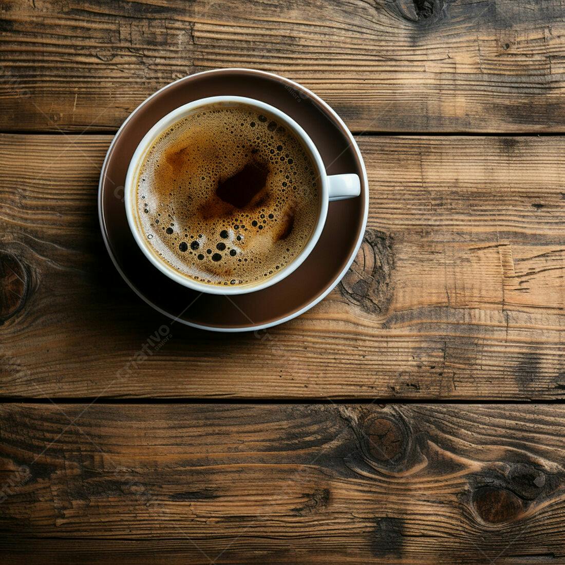 Café quente em xícara marrom sobre madeira escura