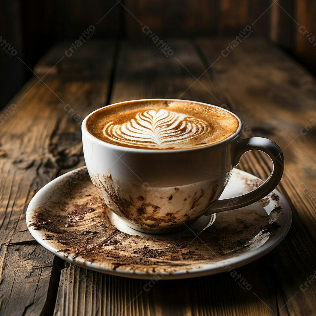 Cappuccino em xícara suja sobre madeira escura